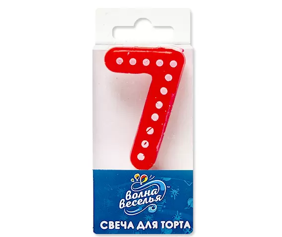 Свеча Цифра, 7 Белые точки, Красный, 4,3 см, 1 шт.