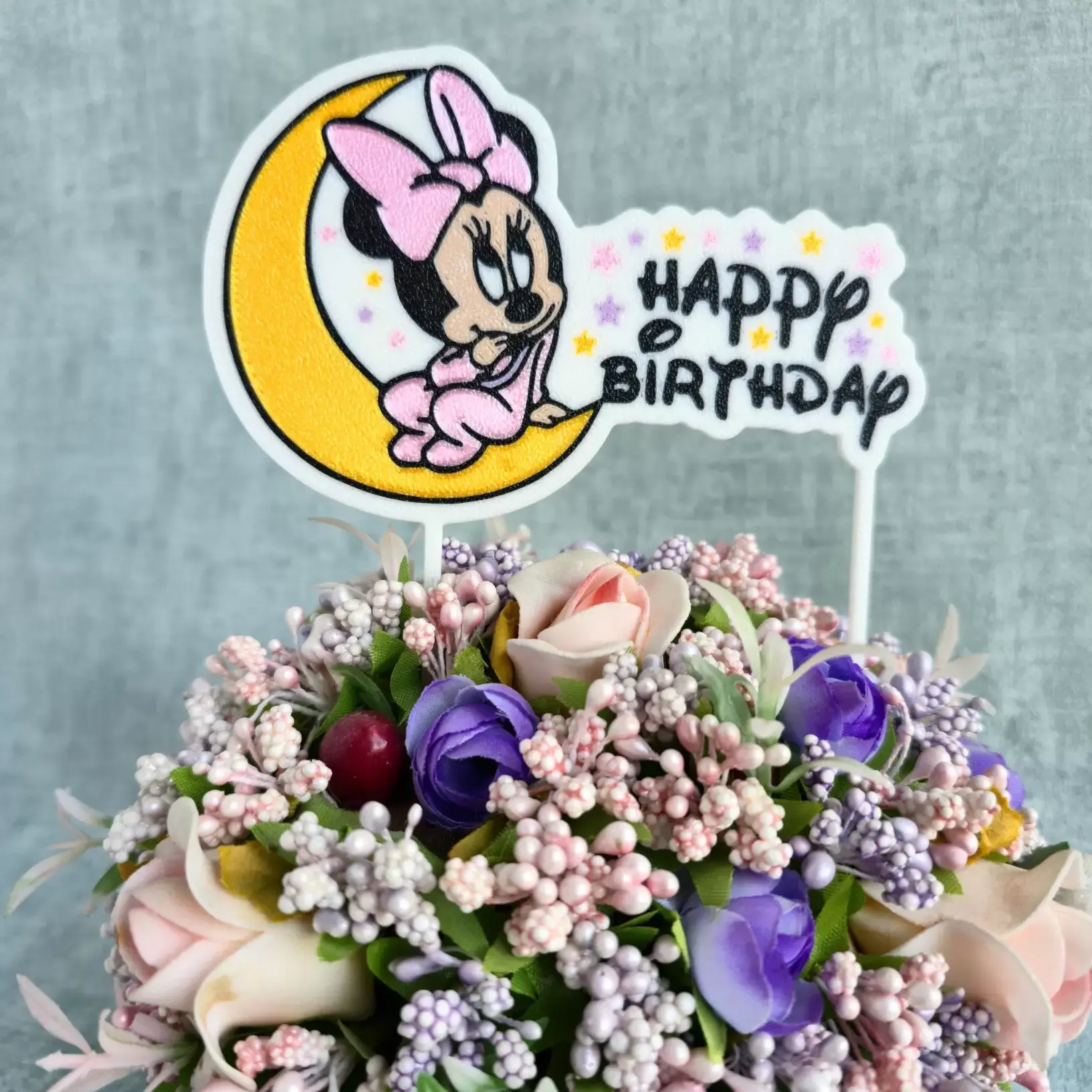 3Д Топпер Минни Маус "Happy Birthday" 13х12,5см, Цвет Розовый