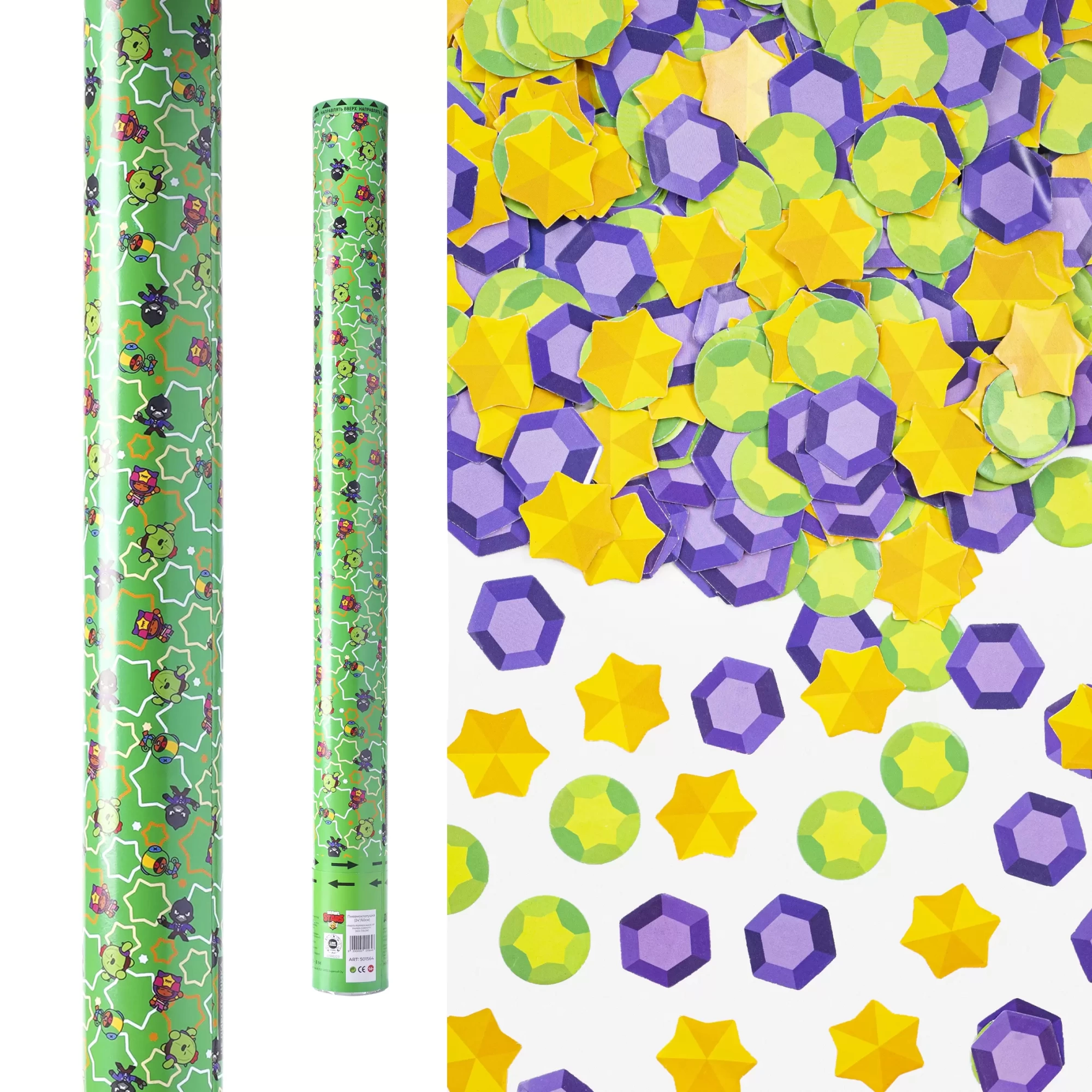 Пневмохлопушка (24/60 см), Бравл Старс, Кристаллы бумага, Ассорти, 1 шт.